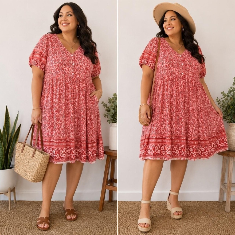Shein Curve Babydoll Dress 4XL Red Floral V-Neck Puff Sleeve Boho‎ Cottagecore